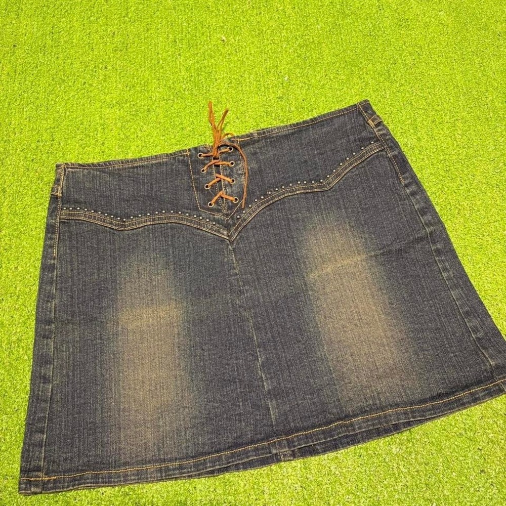 Vintage Y2K‎ Windsor Lace Up Denim Mini Skirt Western Boho Chic Studded Size 9